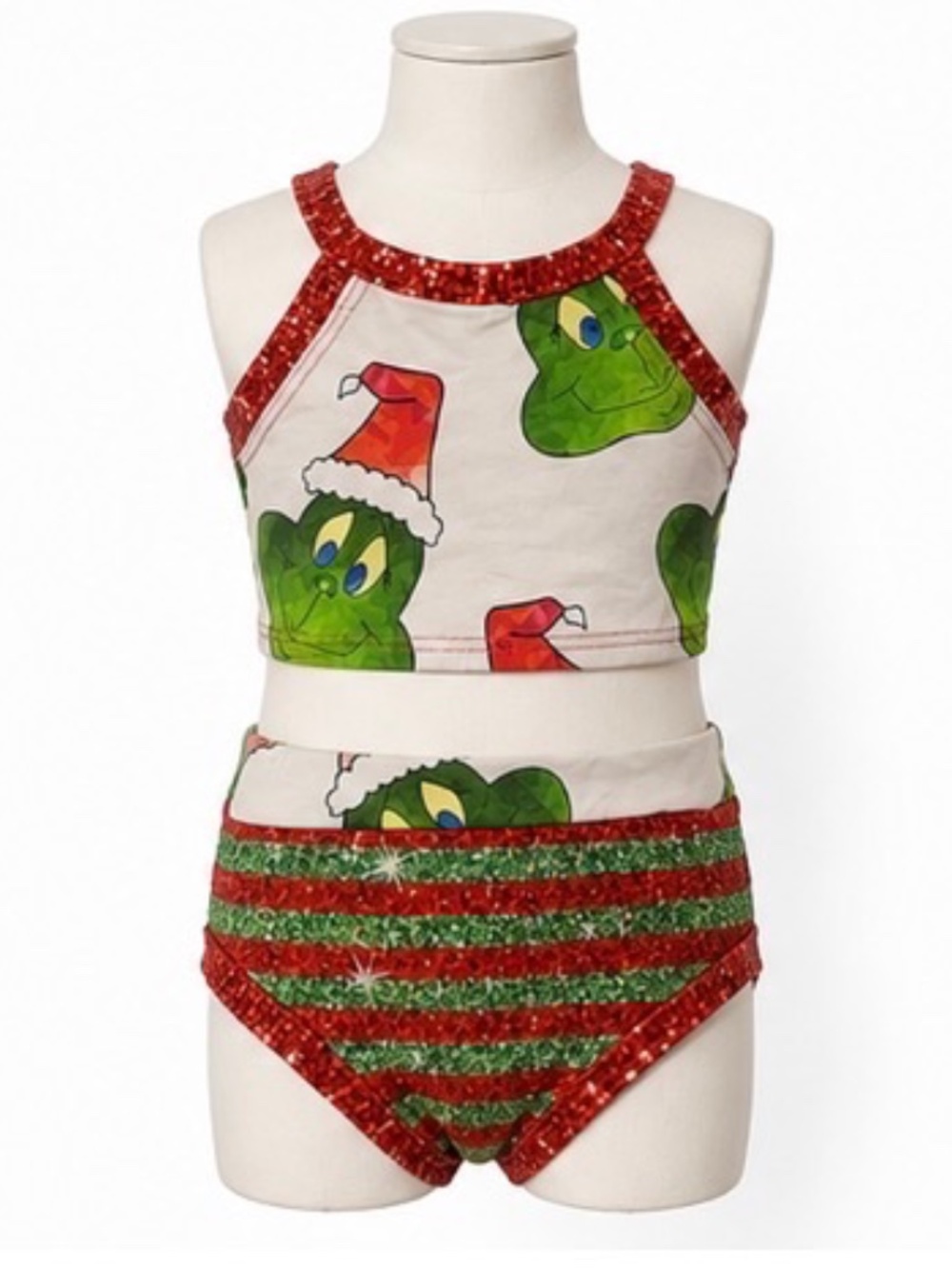 EUC Girls Grinch Christmas Dance Set Holiday Crop Top Shorts Whoville Dancewear